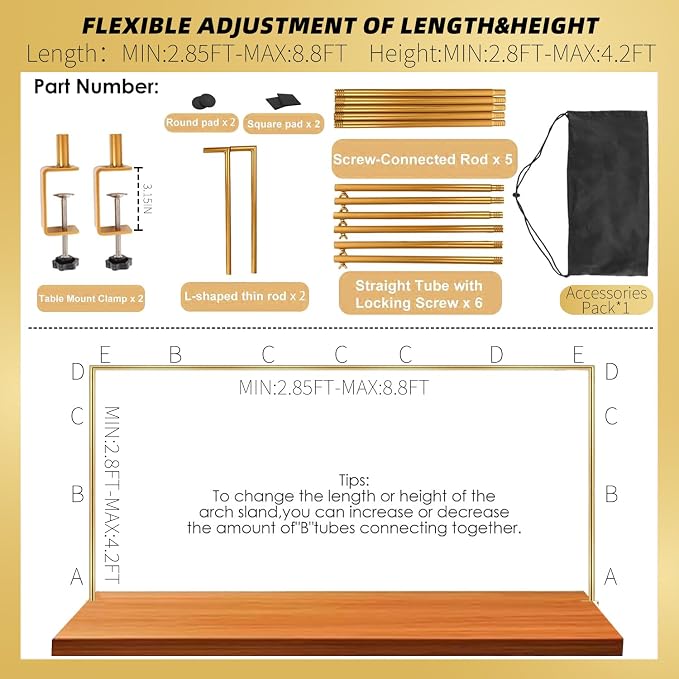 Over The Table Rod Stand with Clamps Adjustable 33''-50'' Tall 34"-105" Length Gold Table Arch Hanging for Wedding Birthday Party Halloween Christmas（Storage bag）