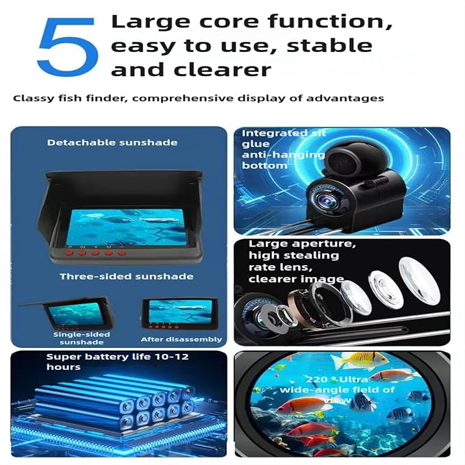 Underwater Fishing Camera with Infrared Night Vision, IP67 Waterproof Portable Fish Finder for Ice Fishing, Kayak, Boat, River & Lake