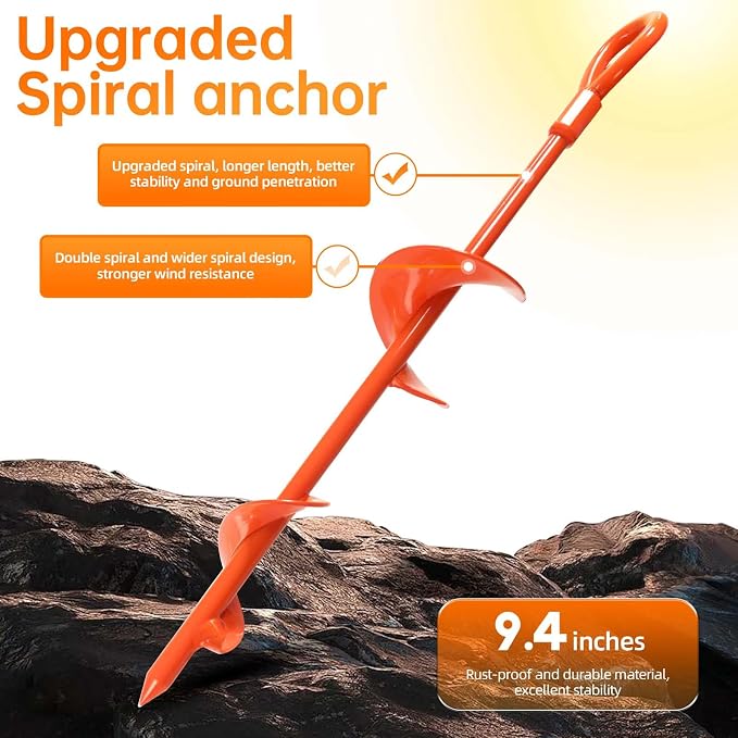 Dongxw Ground Anchors, Shed Anchor Kit - 15 Inch, 4-Pack Spiral Stakes, Ground Anchors Heavy Duty - Strong Wind Resistant for Camping Tents, Carports, Swing Sets, and Canopies - Earth Anchors (Orange)