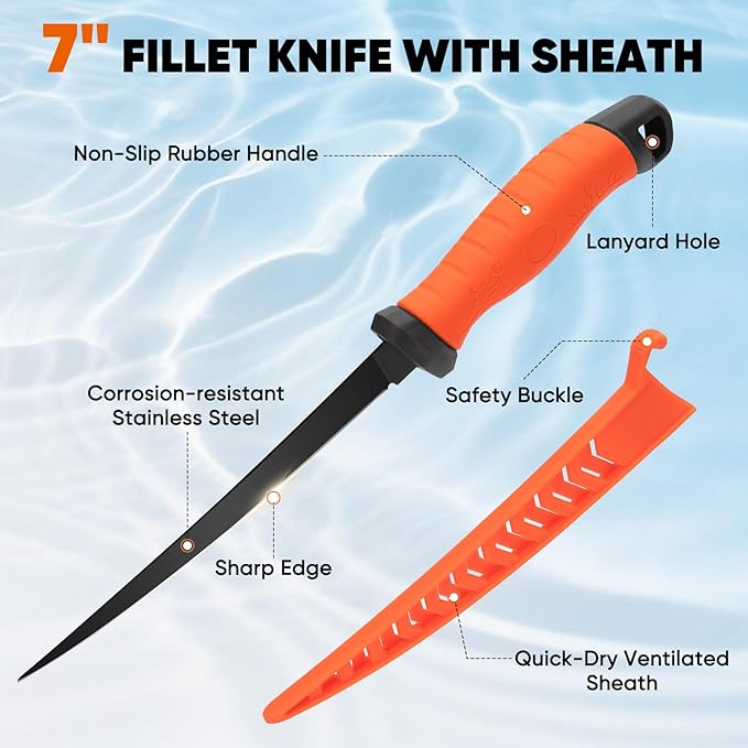 SHALL Fishing Tool Kit, Corrosion Resistant Fishing Gear and Equipment - Fishing Pliers, Fillet Knife, Fishing Scissors, Fish Lip Gripper, Fishing Ruler, Lanyard - Premium Fishing Tools for Men Women