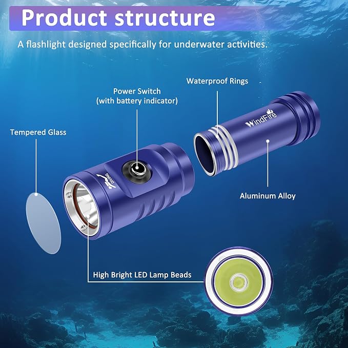 WINDFIRE TS08 Scuba Diving Flashlight, Super Bright Dive Light Rechargeable, 3 Modes Underwater Flashlight, 192 ft Depth IP68 Waterproof Aluminum Torch for Snorkeling, Caving (Blue)