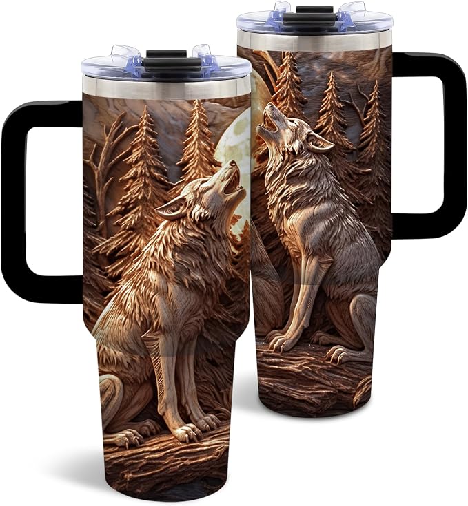 DUUV Wolf Tumbler 40oz, Insulated Wolf Cup Gifts for Man | Wolves Tumbler with Pine Trees Leakproof, Animal Print Water Bottle for Dad, Fathers Day Ideal Gifts for Wolf Lovers, 1 Pack