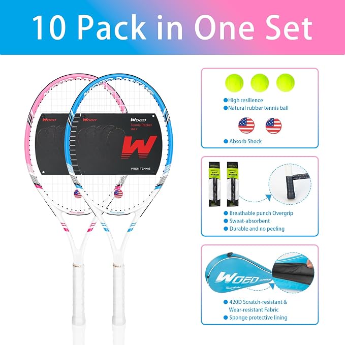 Pro Tennis Racket for Adults, 2 Player 27 inch Speed Tennis Racquet Acceptable for Beginner and Professional with 3 Tennis Balls, 2 Vibration Dampes, 2 Overgrips, Tennis Bag
