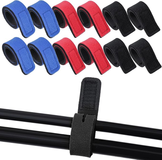 Fishing Rod Straps, Hook and Loop Reusable Pole Ties, Black, Red, and Blue, 12 Pack