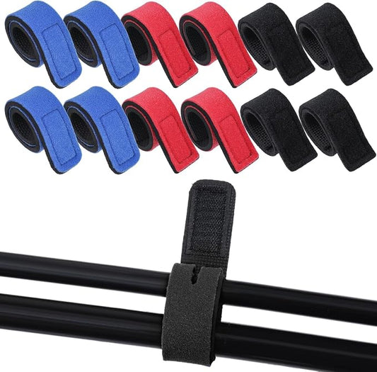 Fishing Rod Straps, Hook and Loop Reusable Pole Ties, Black, Red, and Blue, 12 Pack