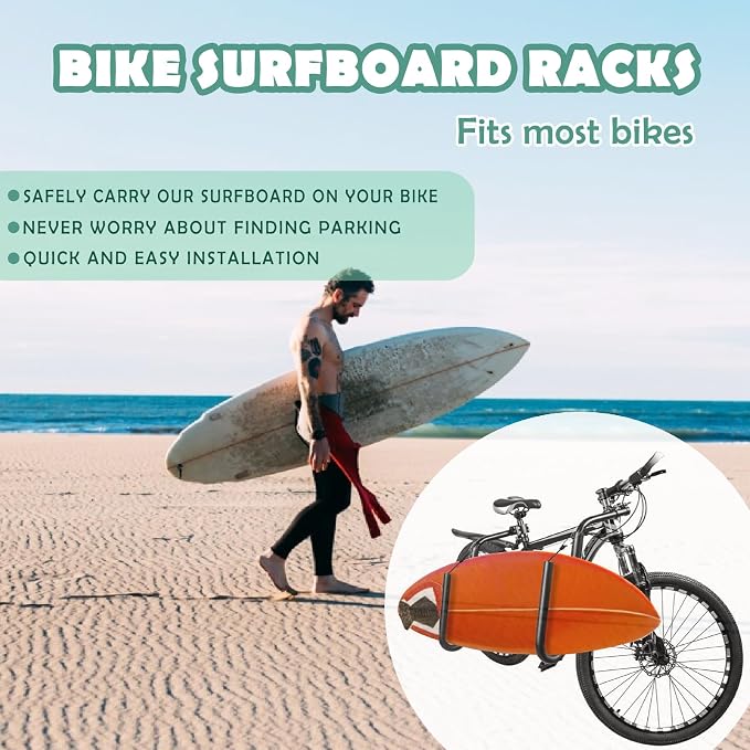 Bicycle Surfboard Racks, Bike Surf Board Compatible with Shortboards, Longboards, SUP Paddleboards, Outdoor Sports Surfing Wakeboard Carrier Mount for Bike, Quick Release Bars