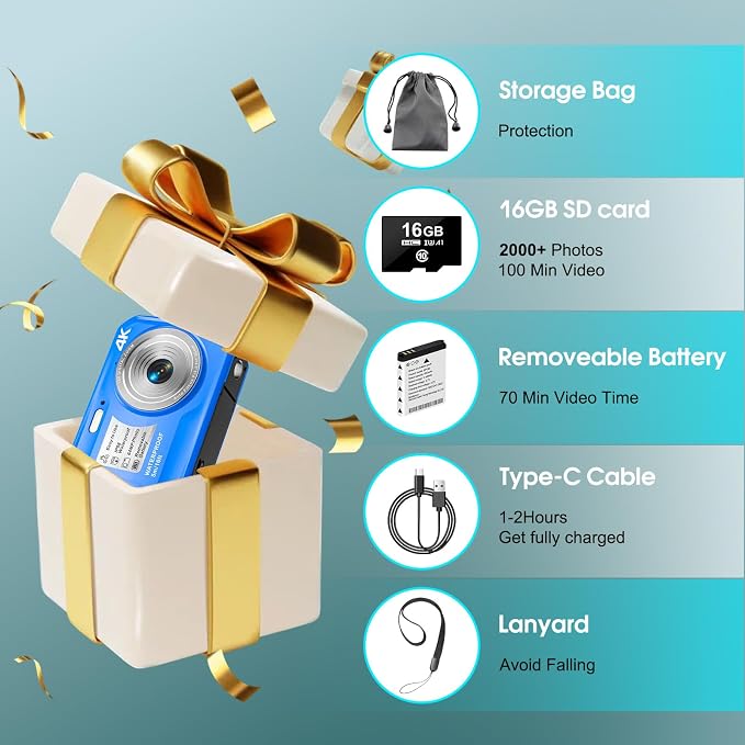 4K Underwater Camera, 64MP 16FT Waterproof Digital Camera with 16GB Card, Autofocus Floatable Waterproof Camera with IPS HD Screen, 16X Digital Zoom, Fill Light, for Snorkeling, Surfing, Swimming