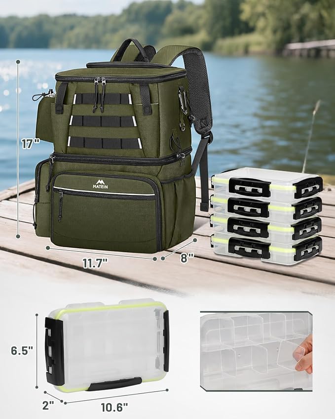 MATEIN Fishing Backpack with 4 Tackle Boxes, Fishing Bag with Rod Holder | 3600 Tackle Box 4 Pack, Water Resistant Tackle Backpack with Cooler Compartment, Safety Compass, Gifts for Fishermen