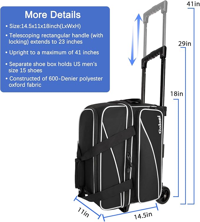 Goloni 3 Ball Bowling Bag with Wheels, 2+1 Double Roller Bowling Bag with Shoe Compartment,Tote Bag for Bowling Accessories