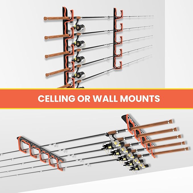 Gocozer Fishing Rod Holder for Garage, H5 Wall or Ceiling Mounted Fishing Pole Holders with Soft Protective Pad, Fishing Rod Storage Organizer, Horizontal Fishing Rod Wall Mount Nets Storage (2 PACK)