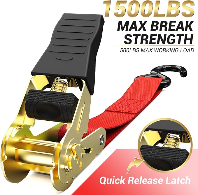 Ratchet Tie Down Strap 8-Pack 15 Ft - 500 lbs Load Cap with 1500 lbs Breaking Limit, Ohuhu Ratchet Tie Downs Logistic Cargo Straps for Moving Appliances, Motorcycle (Red)