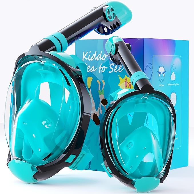 Greatever G2 Adults Kids Full Face Snorkel Mask 2 Pcs,Snorkeling Gear with Latest Dry Top System,Foldable 180 Degree Panoramic View,Safe Breathing,Anti-Leak&Anti-Fog Snorkeling Mask with Camera Mount
