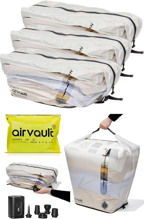 AirVault Vacuum Duffle Travel Bag with Air Pump, Waterproof Compression Storage Bags for Travel & Moving (80L Tapered Duffle, 3-Pack)