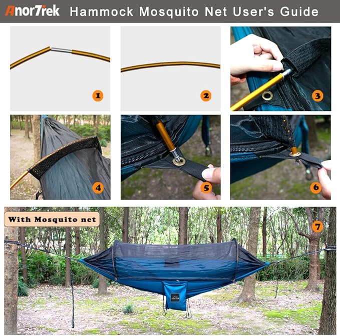 AnorTrek Camping Hammock with Mosquito Net and Rain Fly Tarp, Portable Double Hammock with Two Tree Straps, 230T Nylon Hammock and Waterproof Rain Fly Set for Hiking, Backpacking, Overnight (Blue)