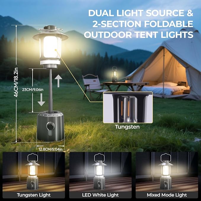 LED Camping Lantern, 8000mAh Telescopic Vintage Rechargeable Lantern, Dual Light Source & 3 Light Modes (2000K-6500K), 360° Lighting Emergency Lights for Camping, Home Power Outage, Hurricane, Hiking