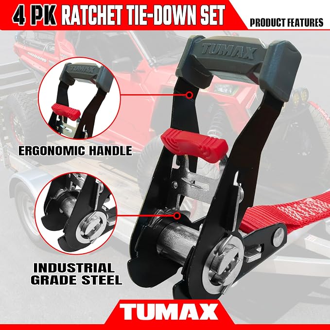 4Pcs Ratchet Tie Down Straps for 2200lb Break Strength, 1” x 15FT Tie Down Straps with Soft Loop & Safety S Hook - Cargo Strap Tie Down for Trucks, Motorcycle, Moving, Appliances, Red