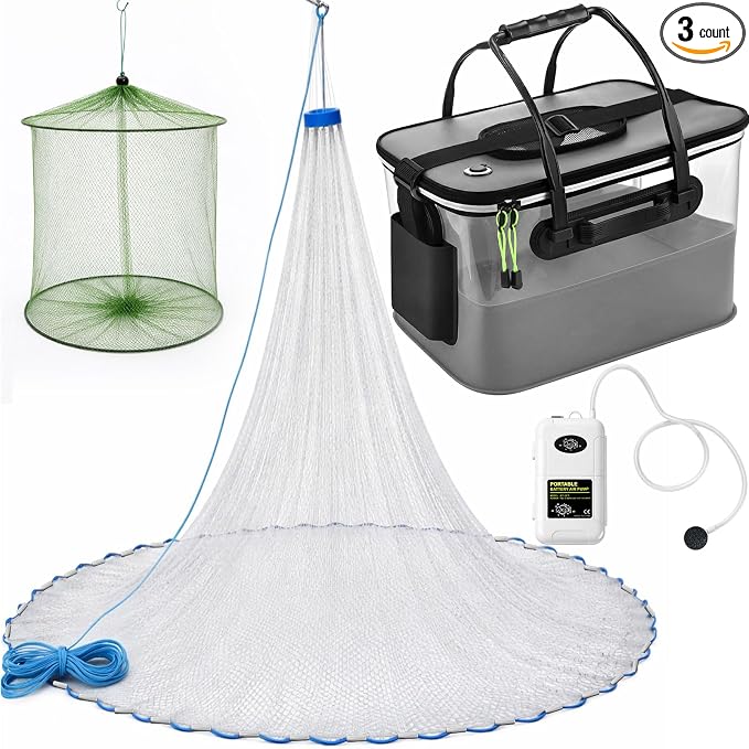 3 Pcs Fishing Bucket, Live Bait Aerator and Fishing Cast Net with Heavy Duty Sinker Foldable Live Bait Bucket Portable Quiet Aerator Fish Transport Container Outdoor EVA Bag