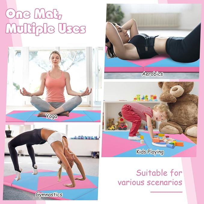 Goplus Gymnastics Mat, Folding Tumbling Mat with Carry Handles, Hook & Loop Fasteners, 4 Panels for Fitness Exercise Yoga Stretching Aerobics Workouts, Thick Gym Mats for Home