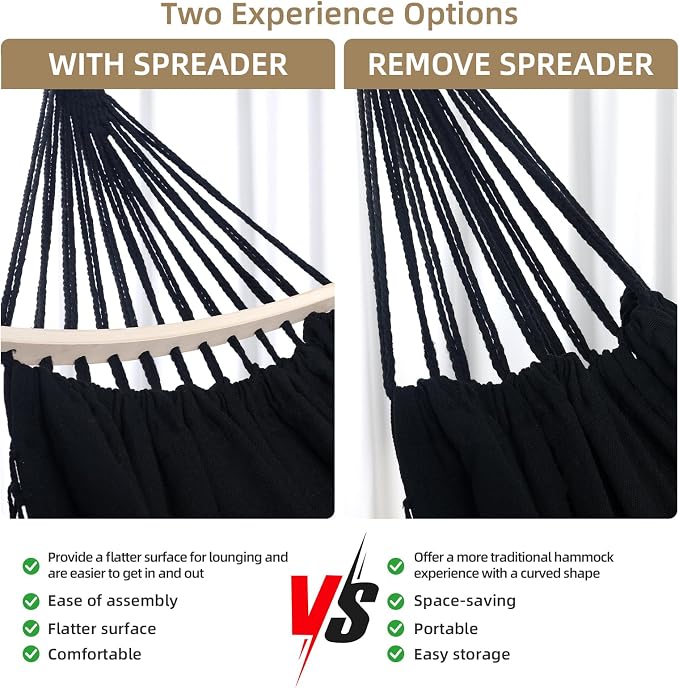 Portable Double Hammock, Hanging Hammock with Tassels and Fishtail Knitting, 550LB Capacity, 320GSM Hanging Bed with Set Full Accessories for Outdoor Camping Patio Balcony Black
