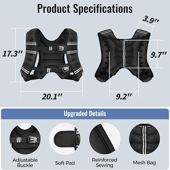 Zeerun Weighted Vest, 6lb/8lb/10lb/12lb/15lb/18lb/20lb/24lb/30lb for Men Women, Reflective Stripe Adjustable Buckle, Comfortable Durable Rucking Vest for Walking Running Strength Training