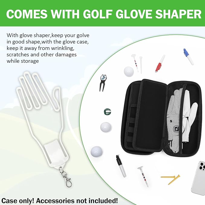 Golf Glove Holder Case with Glove Shaper - Protective Hard Shell Golf Accessories Case Bag with 2 Dividers Fits Balls, Tees, Markers - Ideal Gift