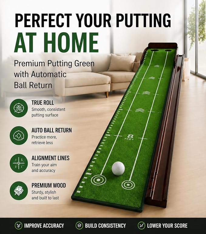 Putting Green Indoor with Automatic Ball Return – Golf Putting Mat with Putter Holder, 2 Golf Balls, Marking Tool & Storage – Portable Golf Training Aid & Gift for Men Home Office