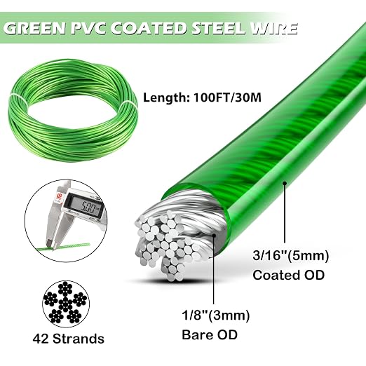 3/16" Clothes Line Outdoors, 100Ft Green PVC Coated Steel Cable Clip Clamp Kit, Multi-use Guide Wires for Climbing Grapevines Plants/Clothesline Wire for T Post/String Light Hanging Kit
