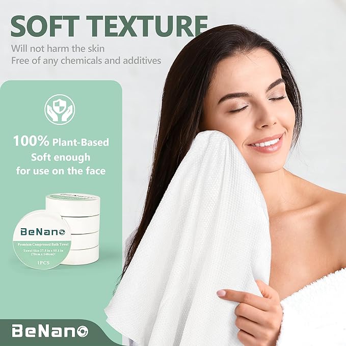 Benano Premium Compressed Towel Tablets Disposable Towel 55.1 in x 27.5 in Large Bath Towel Travel Towel Reusable for Hotel Camping Sports Hiking Beach Swimming Vacation (55.1" x 27.5" (5 Pack))