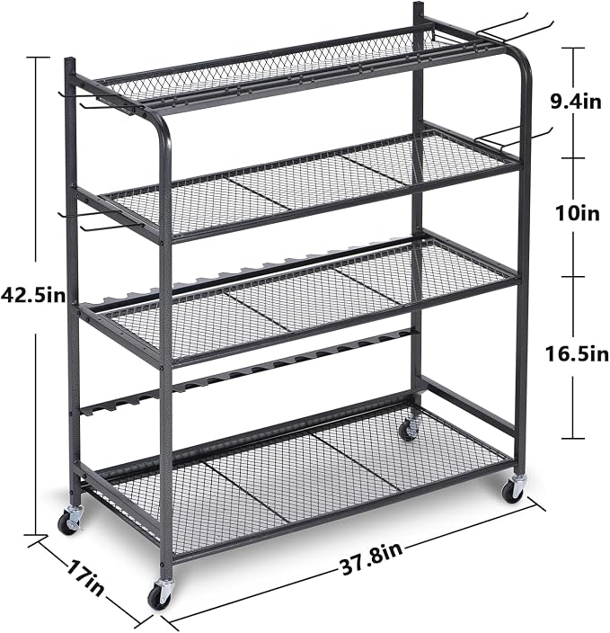 Fishing Rod Holder for Garage, Fishing Pole Holders for 15 Rods 38 * 17", Fishing Rod Rack Basement, Fishing Pole Rack Metal Black with Big Wheels, 4-Tier