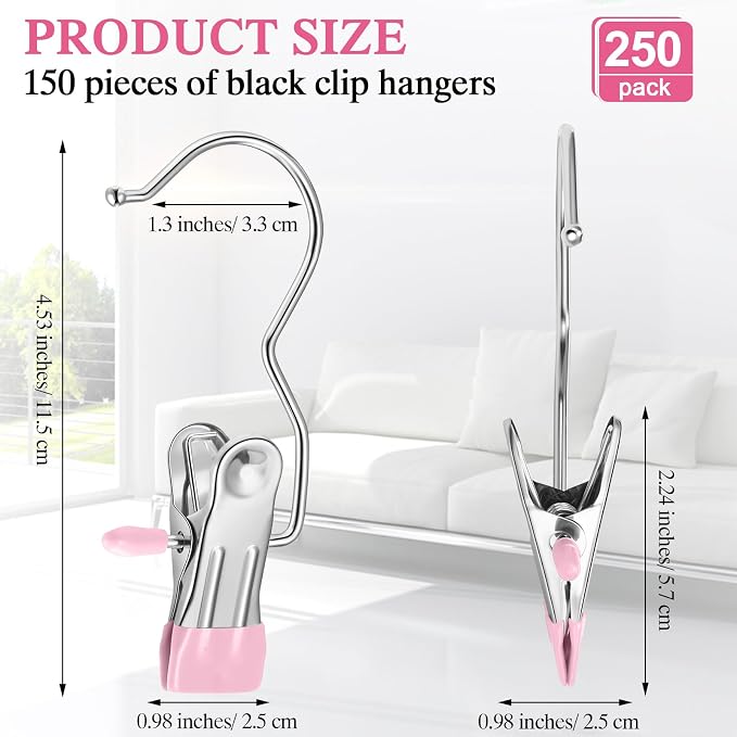 Yinder 250 Pcs Boot Hangers Clips Laundry Hooks Hanging Stainless Steel Clothes Pins Portable Clip Hangers for Closet Travel Socks Pants Handbags Hats Towels (Pink)