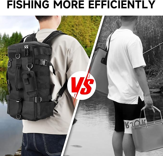 KOMCLUB Black Fishing Sling Tackle Storage Backpack, Large with Rain Cover‌ | Waterproof Outdoor Fishing Bag, Ideal Fishing Gifts for Men, Fits All-Day Fishing Trips