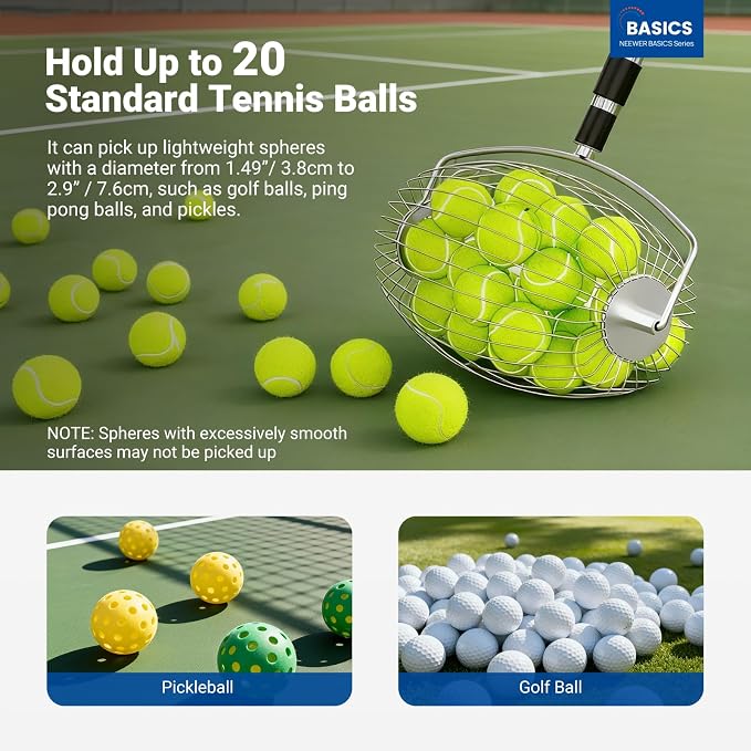 NEEWER Tennis Ball Pickleball Collector Roller, No Bending Over Quick Rolling Picker for Up to 40 Tennis Balls