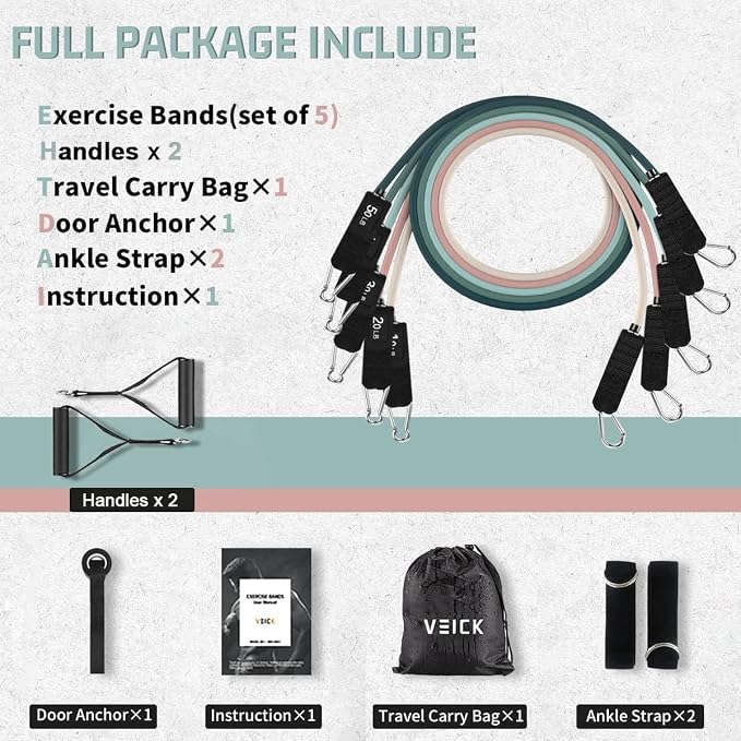 VEICK Resistance Bands Set, 10-150 LBS Stackable Exercise Bands with Handles, Ankle Straps & Door Anchor, Workout Bands for Home Gym, Yoga, Pilates, Physical Therapy for Men Women