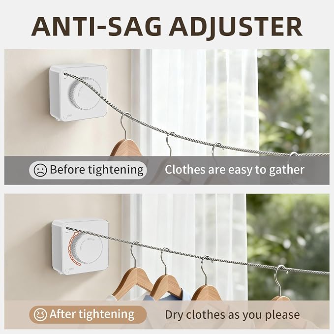 Anti-Sag Retractable Clothesline 40LB Capacity - 201in Stainless Steel Laundry Line for Indoor Outdoor, Wall Mounted Space Saving Easy Install (White, with Pole)