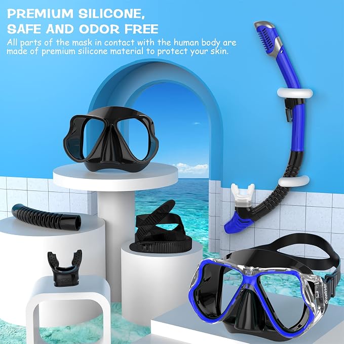Greatever Dry Snorkel Set,Panoramic Wide View Anti-Fog Scuba Diving Mask,Professional Snorkeling Gear for Adults Kids