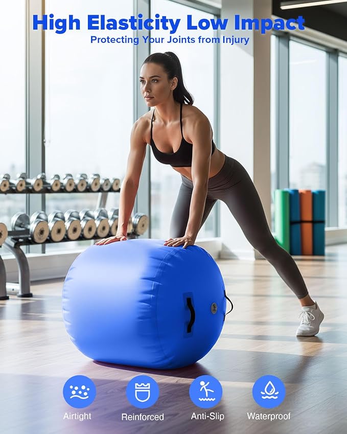 Gymnastics Air Roller Air Barrel Inflatable Tumbling Mat Tumble Air Spot - Gymnastics Training Springboard - Round Inflatable Springboard with Pump for Yoga Training Cheerleading Home Use
