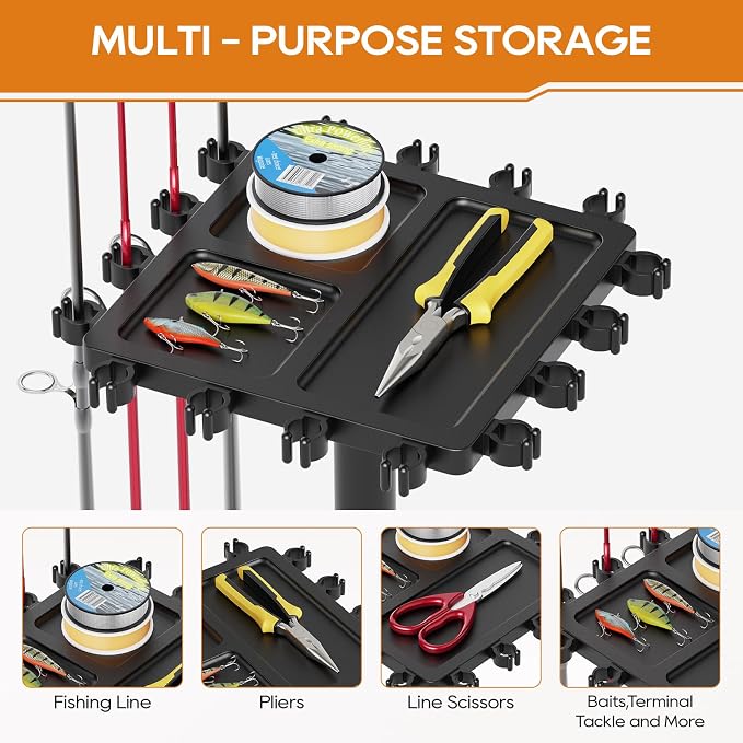 Fishing Rod Holder Rack with 360° Rotating Base – 16 poles Capacity,multi-purpose Rod Storage Rack,Easy Install & Durable Wooden Vertical Fishing Pole Holders for Ground,Black