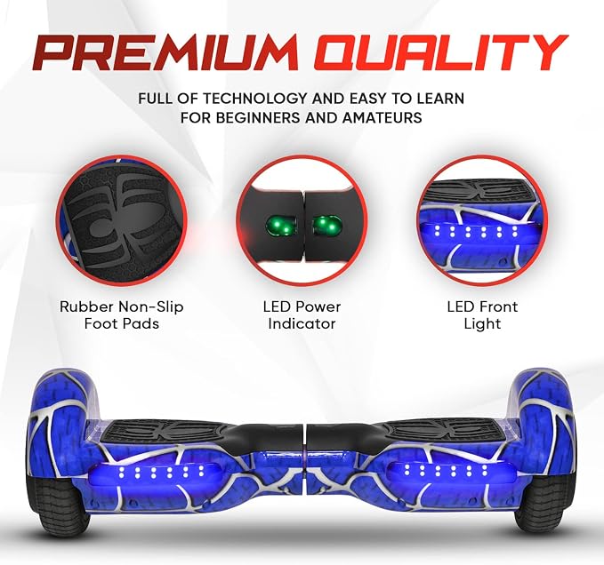 Spider-Pattern Hover Board for Kids Ages 6-12, with Bluetooth Speaker and LED Lights 6.5" Hover Board, UL2272 Safety Certified (Blue)