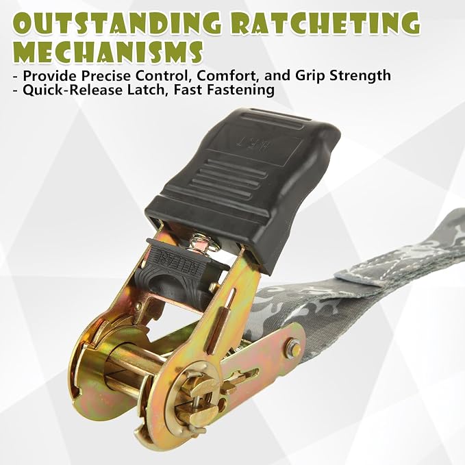4 Pcs 1 Inch Ratchet Straps Heavy Duty 16ft Tie Down Straps Ratchet with Hooks, 2645 LBS Break Strength, Cargo Ratcheting Straps for Motorcycle Straps Tie Downs, Trucks, Camo