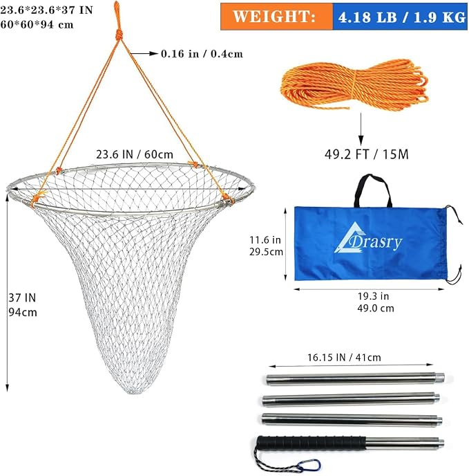 Drasry Large Collapsible Bridge Pier Fishing Net Landing Net with Rod, High Load Aluminum Ring Drop Net for Saltwater and Freshwater Pier Fishing Basket with 49.2 ft. Rope