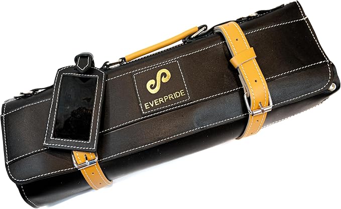 EVERPRIDE Premium Black Leather with Stunning Tawny Wheat Trim, Professional Chef Knife Roll and Bag for Knives, Sturdy Construction Chef Bag, Easy Carry Luxury Knife Case