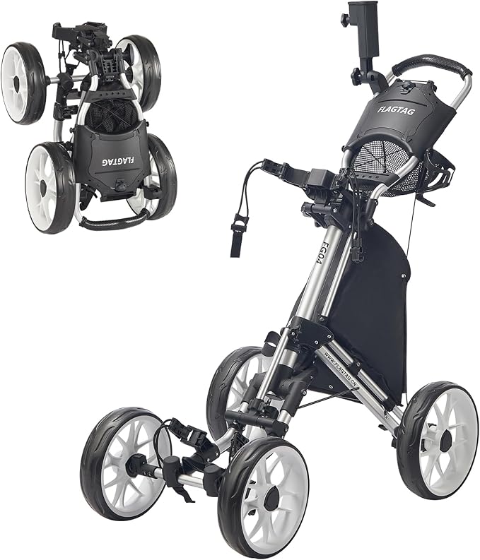 FLAGTAG Golf Push Cart 4-Wheels,Folding Golf Cart, Golf Pull cart with Cup Holder,Umbrella Holder,Cooler Bag, Foldable with one-Click,Handle Height Adjustable,Drink Holder,Walking Push cart