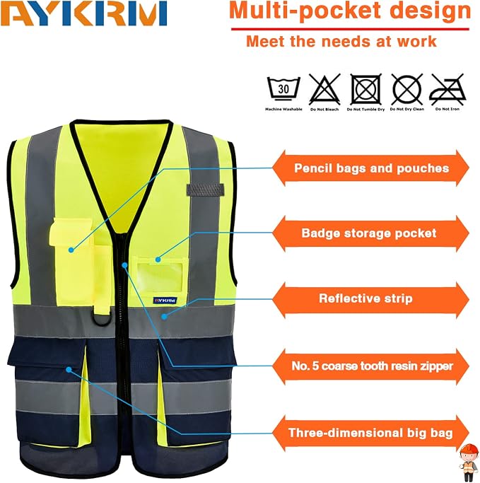 Yellow Navy High Visibility reflective Safety Vest with 4 Reflective Strips 7 Pockets 4xl-5xl