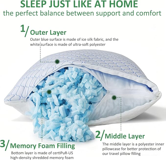 Travel Pillow - Large 2 Pack Compressible Camping Pillow for Sleeping - Shredded Memory Foam with 2 Storage Bags - Supportive for Adults, Kids, Outdoor, Backpacking, Hiking Gear