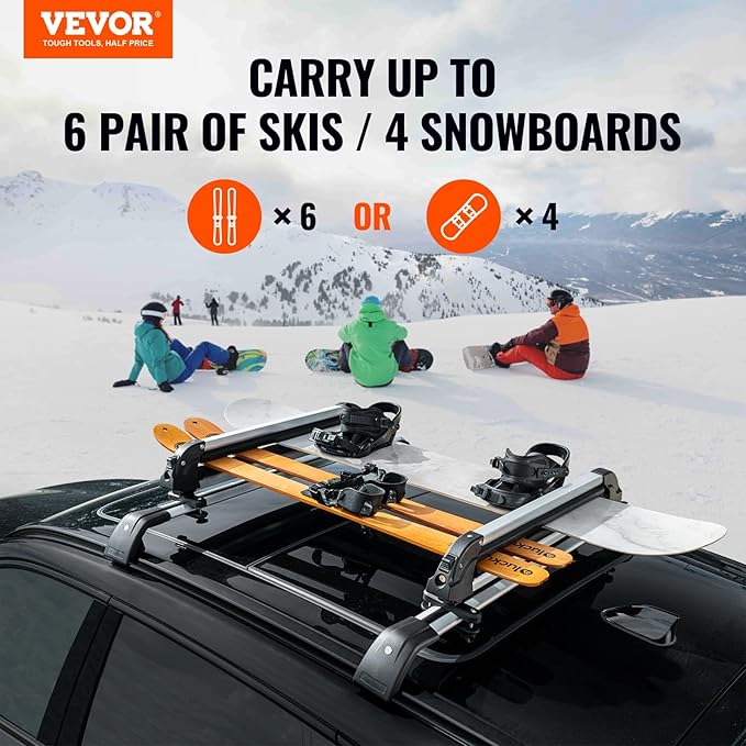 VEVOR Universal Car Roof Rack - Fit Most Crossbars, Carry up to 6 Pairs of Skis or 4 Snowboards, Aluminum Snowboard Ski Rack with Lock & Rubber Padding