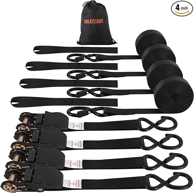 20FT Heavy Duty Ratchet Straps 4-Pack - 1 Inch 1750lb Break Strength Tie Downs for Flatbed Trailers & Large Equipment | Black Industrial Webbing Straps
