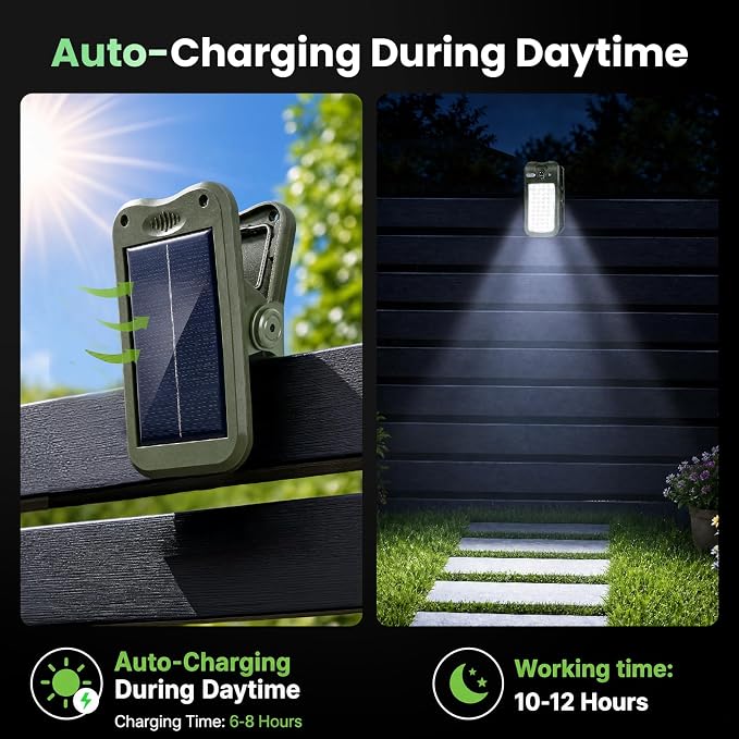 Clip on Solar Lights Outdoor, Portable Mini Solar Camping Light,Constant-on Light, Non-Motion-Sensing Mode,60LEDs 500LM Portable Security Light for Fence Waterproof, Deck, Yard, Camping, USB Charging