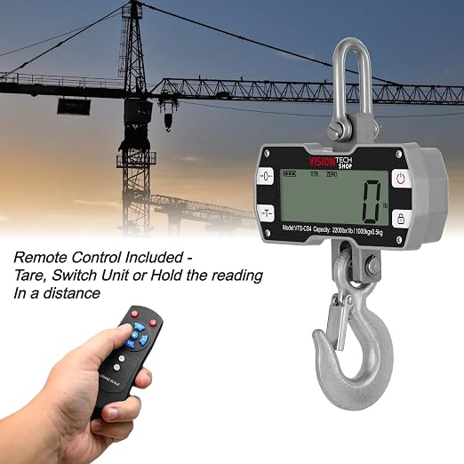 VisionTechShop Digital Crane Scale, VTS-CS4 2200lb/1000kg Heavy Duty Compact Hanging Industrial Scale with Remote Control, Large LCD Display, Backlight for Farm, Factory, Construction