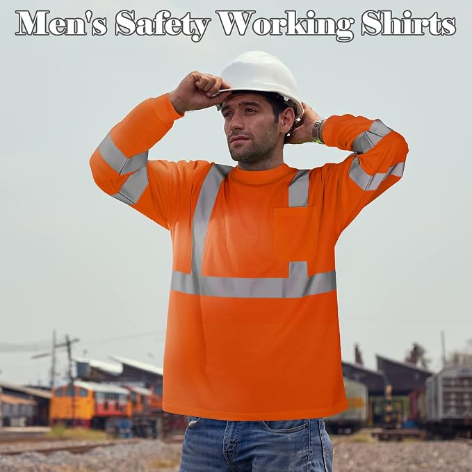 Amylove 4 Pcs Long Sleeve Safety Shirt High Visibility Reflective Construction Work Shirts for Men Women(L,Orange)