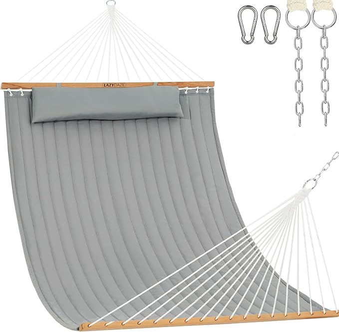 Lazy Daze Hammocks 12 FT Double Quilted Fabric Hammock with Spreader Bar and Detachable Pillow, 2 Person Double for Outside Patio Backyard, 450lbs Capacity, Light Gray